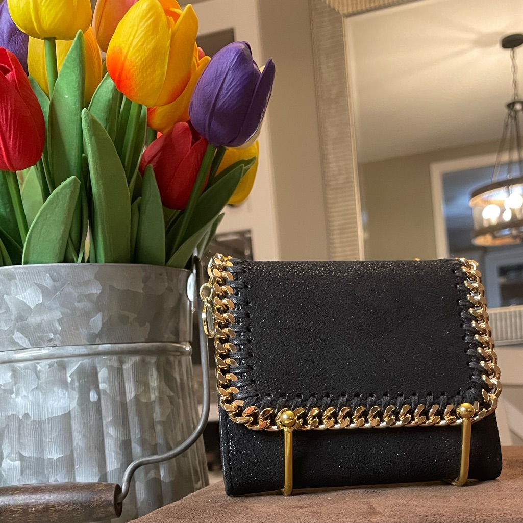 Stella Mccartney Black And Gold Falabela Chain Wallet